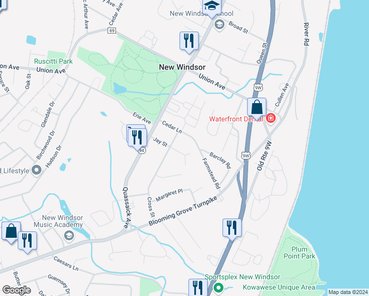 map of restaurants, bars, coffee shops, grocery stores, and more near 23 Jay Street in New Windsor