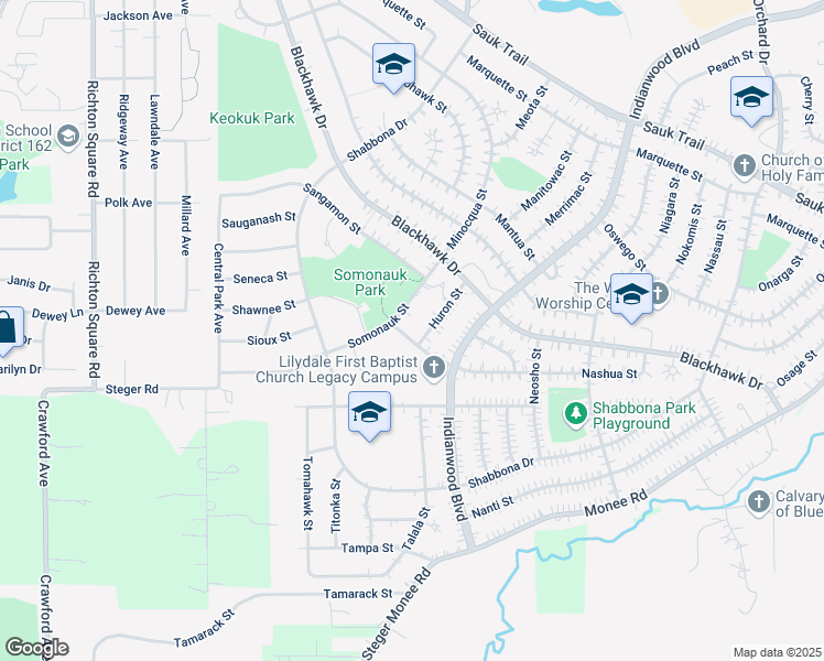 map of restaurants, bars, coffee shops, grocery stores, and more near 253 Somonauk Street in Park Forest