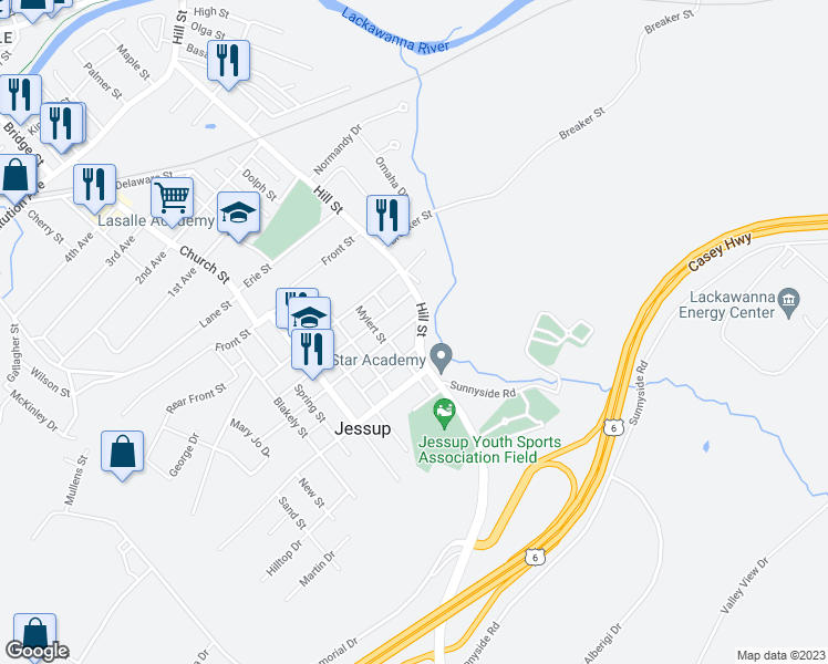 map of restaurants, bars, coffee shops, grocery stores, and more near 1002 Hill Street in Jessup