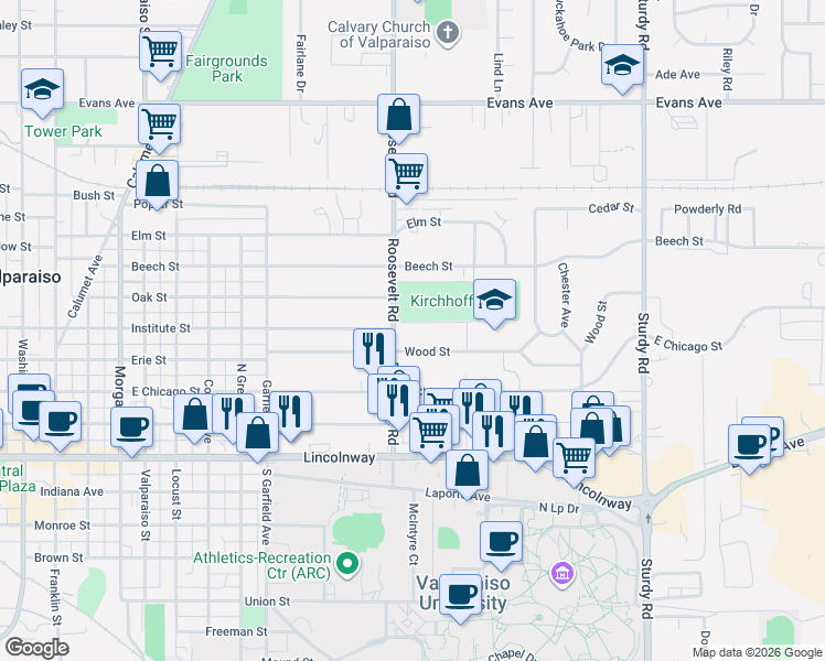 map of restaurants, bars, coffee shops, grocery stores, and more near 1115 Institute Street in Valparaiso
