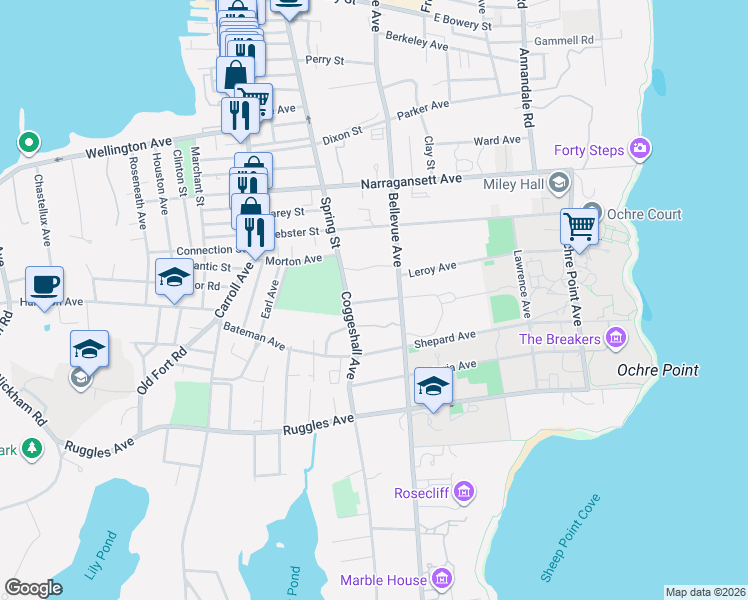 map of restaurants, bars, coffee shops, grocery stores, and more near 459 Bellevue Avenue in Newport