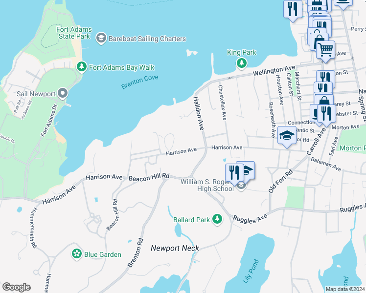 map of restaurants, bars, coffee shops, grocery stores, and more near 95 Harrison Avenue in Newport