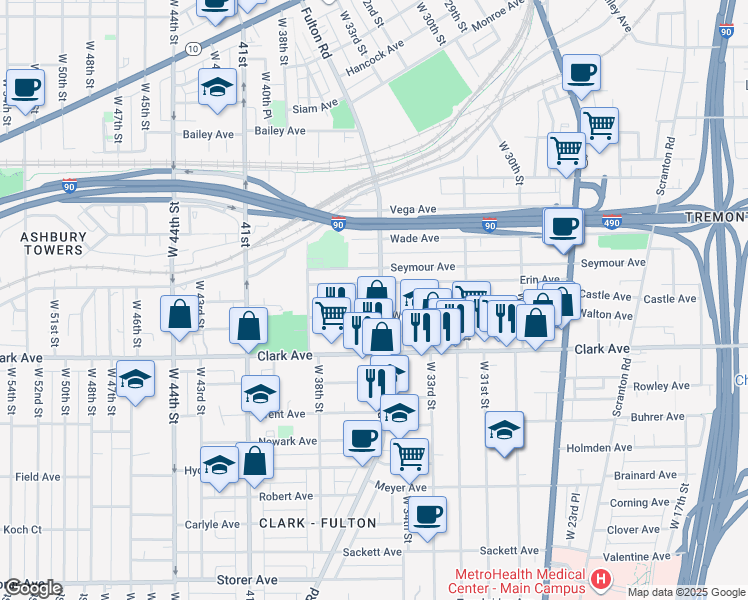 map of restaurants, bars, coffee shops, grocery stores, and more near 2948 Fulton Road in Cleveland
