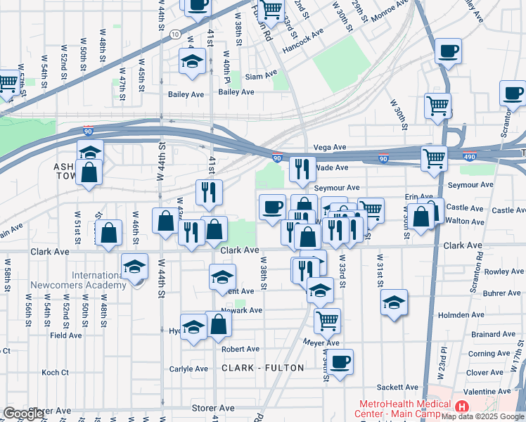 map of restaurants, bars, coffee shops, grocery stores, and more near 2928 West 38th Street in Cleveland