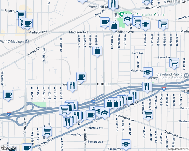 map of restaurants, bars, coffee shops, grocery stores, and more near 2183 West 104th Street in Cleveland