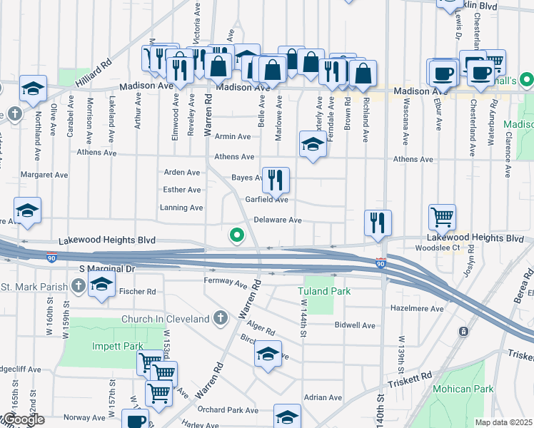 map of restaurants, bars, coffee shops, grocery stores, and more near 14515 Garfield Avenue in Lakewood