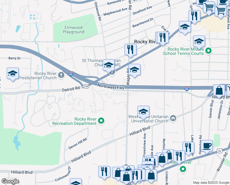 map of restaurants, bars, coffee shops, grocery stores, and more near 21013 Westway Drive in Rocky River