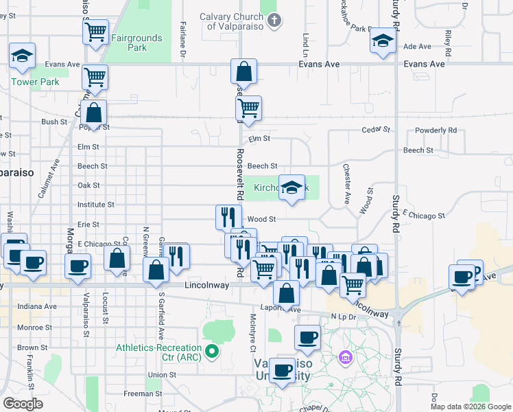 map of restaurants, bars, coffee shops, grocery stores, and more near 1201-1449 Institute St in Valparaiso