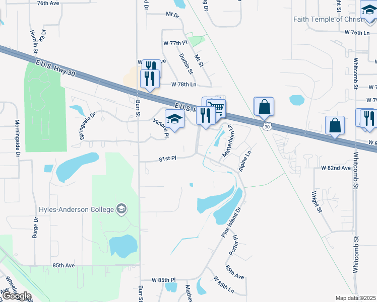 map of restaurants, bars, coffee shops, grocery stores, and more near 5305-5399 Cedar Point Drive in Crown Point