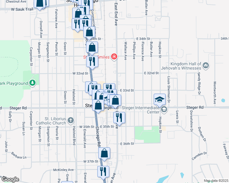 map of restaurants, bars, coffee shops, grocery stores, and more near 3235 Union Avenue in Steger