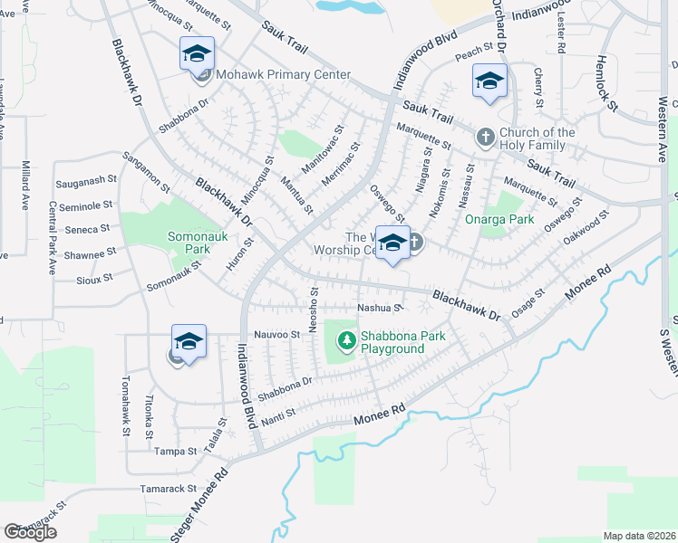map of restaurants, bars, coffee shops, grocery stores, and more near 185 Miami Street in Park Forest