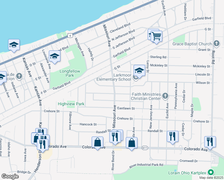 map of restaurants, bars, coffee shops, grocery stores, and more near 1262 Missouri Avenue in Lorain