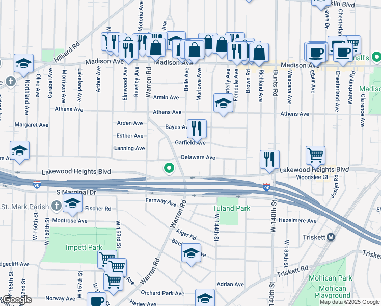 map of restaurants, bars, coffee shops, grocery stores, and more near 14515 Garfield Avenue in Lakewood