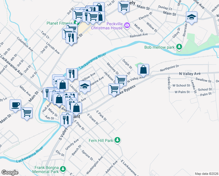 map of restaurants, bars, coffee shops, grocery stores, and more near 520 Delaware Avenue in Olyphant
