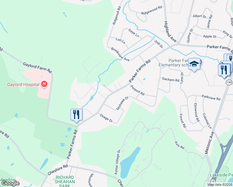 map of restaurants, bars, coffee shops, grocery stores, and more near 184 Parker Farms Road in Wallingford