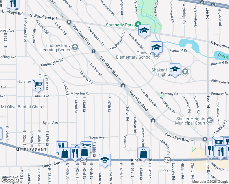 map of restaurants, bars, coffee shops, grocery stores, and more near 14718 Onaway Road in Shaker Heights