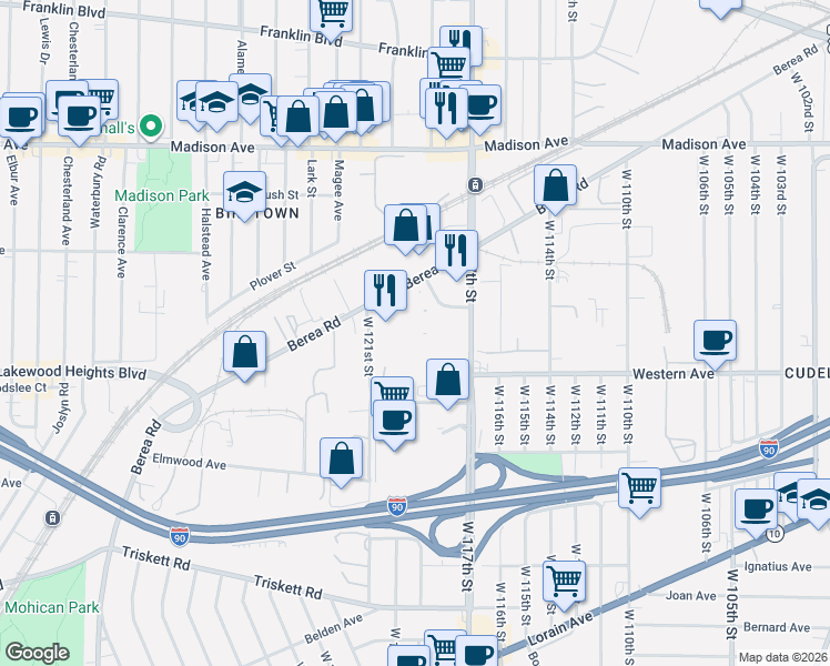 map of restaurants, bars, coffee shops, grocery stores, and more near 46 in Cleveland