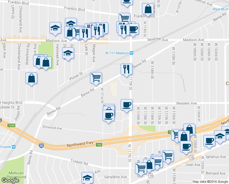 map of restaurants, bars, coffee shops, grocery stores, and more near 44 in Cleveland