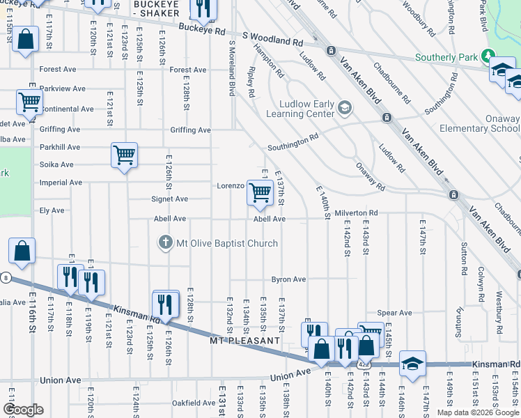 map of restaurants, bars, coffee shops, grocery stores, and more near 3193 East 134th Street in Cleveland