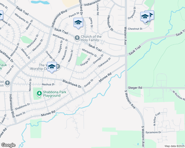 map of restaurants, bars, coffee shops, grocery stores, and more near 335 Oakwood Street in Park Forest