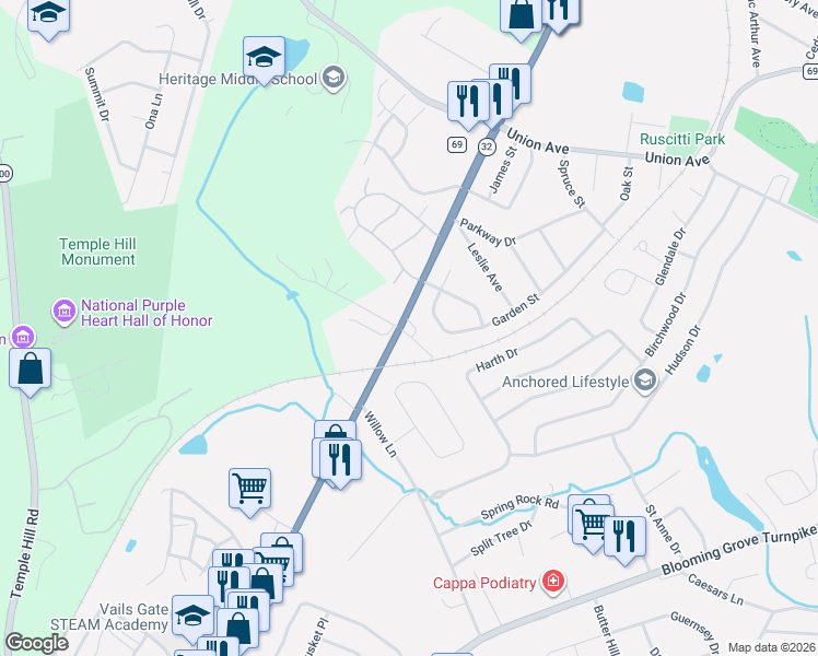 map of restaurants, bars, coffee shops, grocery stores, and more near 233 Windsor Highway in New Windsor