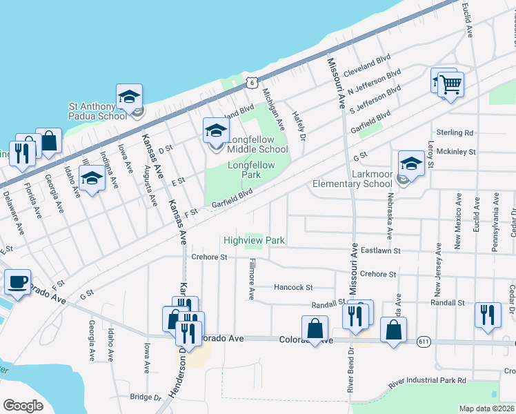 map of restaurants, bars, coffee shops, grocery stores, and more near 1827 G Street in Lorain