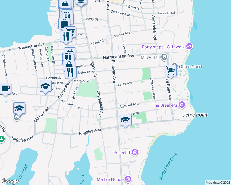 map of restaurants, bars, coffee shops, grocery stores, and more near Bellevue Ave in Newport