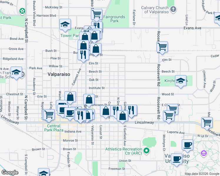 map of restaurants, bars, coffee shops, grocery stores, and more near 607 Institute Street in Valparaiso