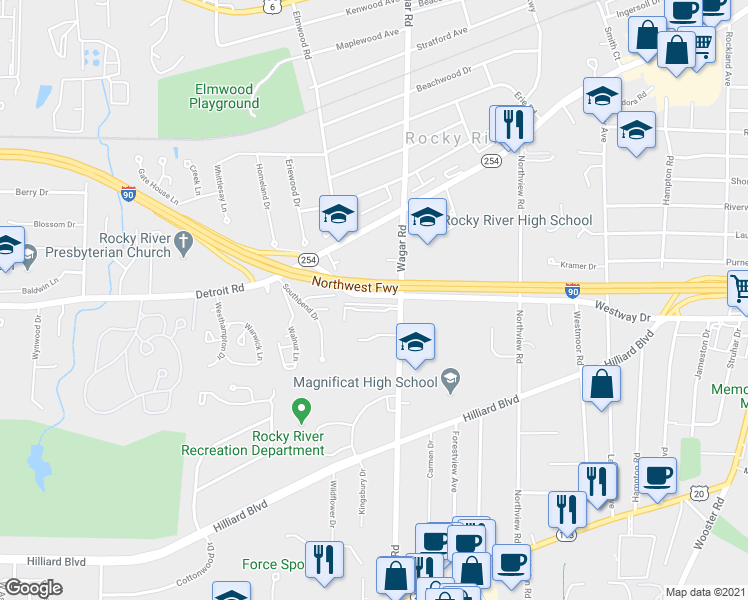 map of restaurants, bars, coffee shops, grocery stores, and more near 21013 Westway Drive in Rocky River
