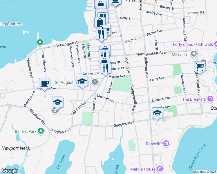 map of restaurants, bars, coffee shops, grocery stores, and more near 9 Earl Avenue in Newport