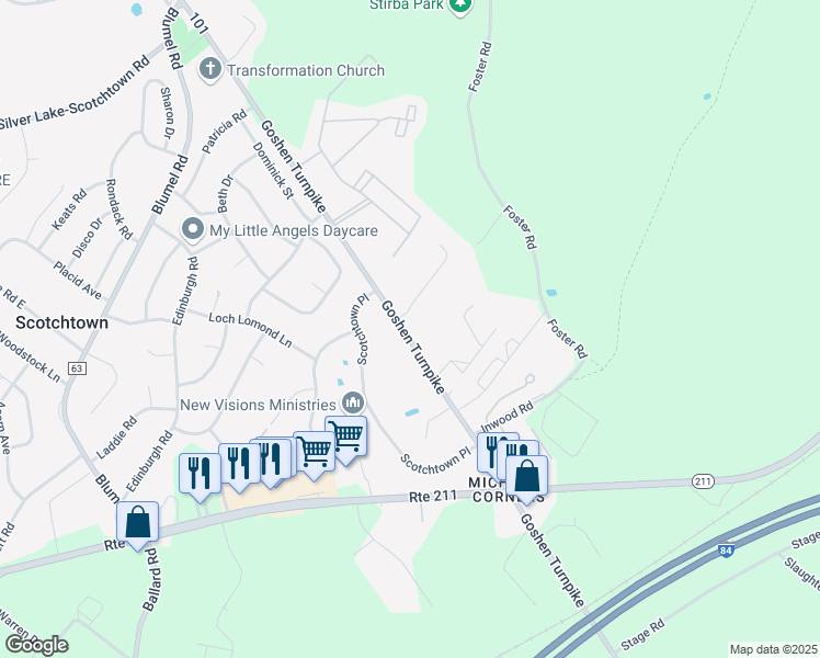 map of restaurants, bars, coffee shops, grocery stores, and more near 6 Oak Hill Road in Middletown