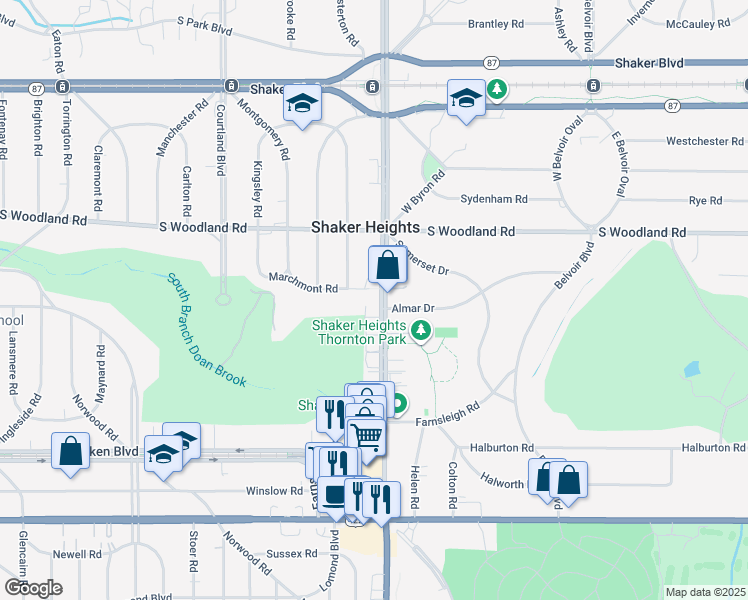 map of restaurants, bars, coffee shops, grocery stores, and more near 3200 Warrensville Center Road in Shaker Heights