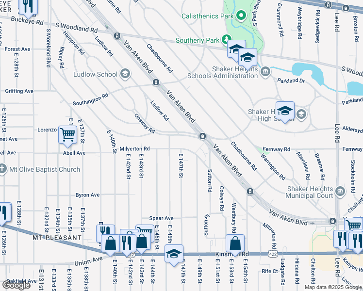 map of restaurants, bars, coffee shops, grocery stores, and more near 14610 Onaway Road in Shaker Heights