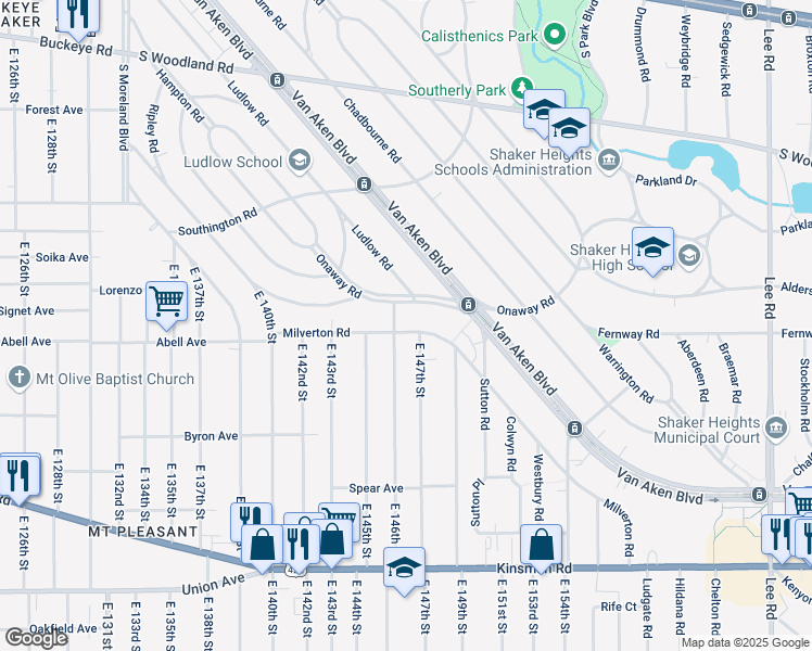 map of restaurants, bars, coffee shops, grocery stores, and more near 14610 Onaway Road in Shaker Heights
