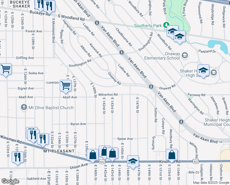 map of restaurants, bars, coffee shops, grocery stores, and more near 14306 Ashwood Road in Shaker Heights