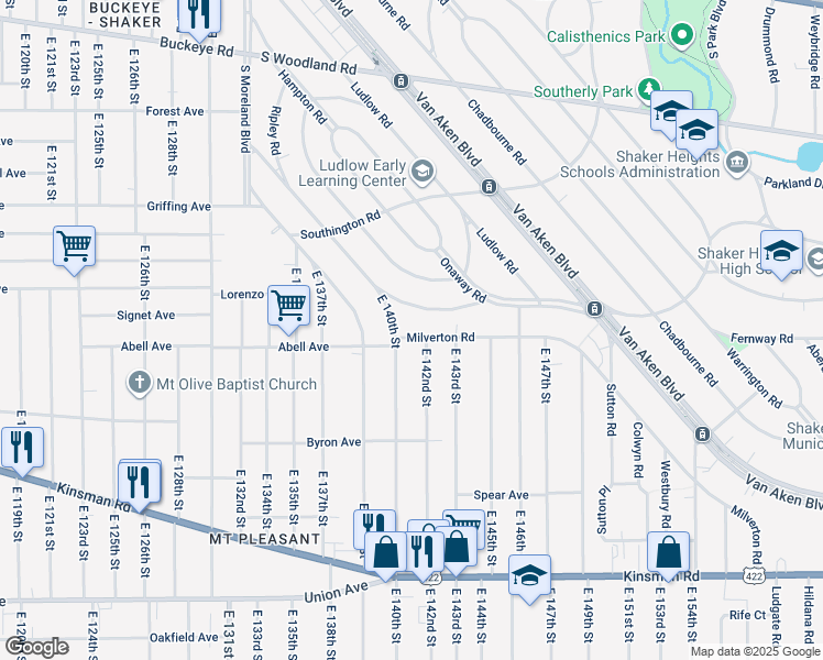 map of restaurants, bars, coffee shops, grocery stores, and more near 14112 Ashwood Road in Shaker Heights