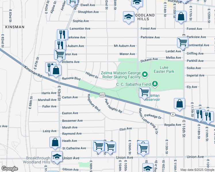 map of restaurants, bars, coffee shops, grocery stores, and more near 10009 Ramona Boulevard in Cleveland