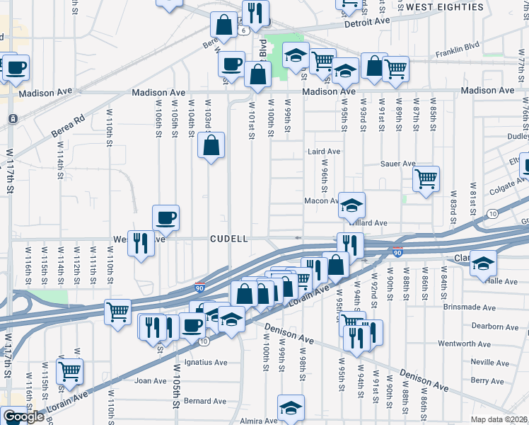 map of restaurants, bars, coffee shops, grocery stores, and more near 2183 West 100th Street in Cleveland