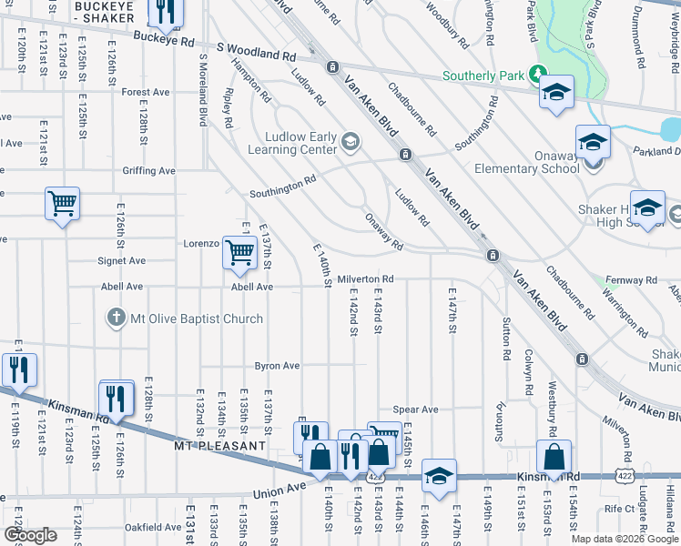 map of restaurants, bars, coffee shops, grocery stores, and more near 14112 Ashwood Road in Shaker Heights