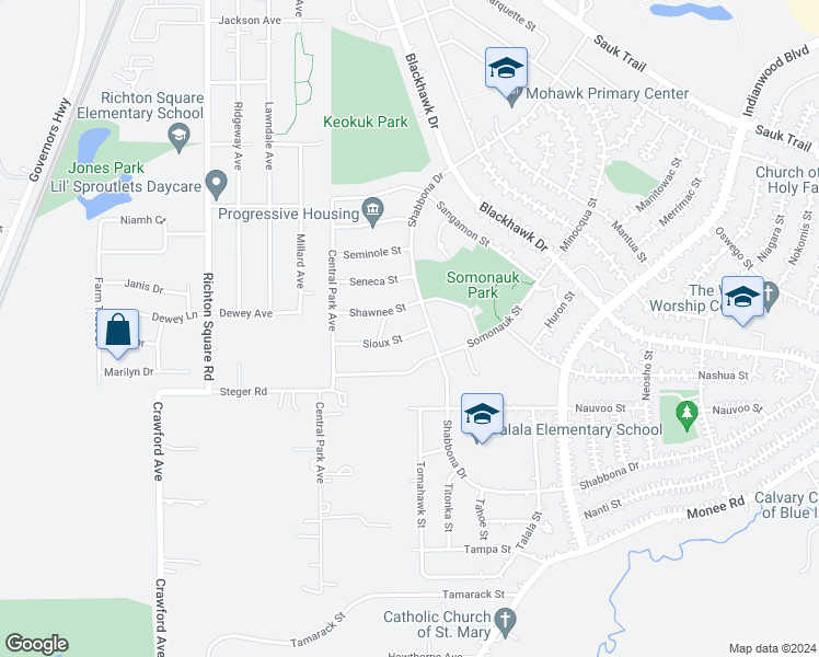 map of restaurants, bars, coffee shops, grocery stores, and more near 304 Sioux Street in Park Forest