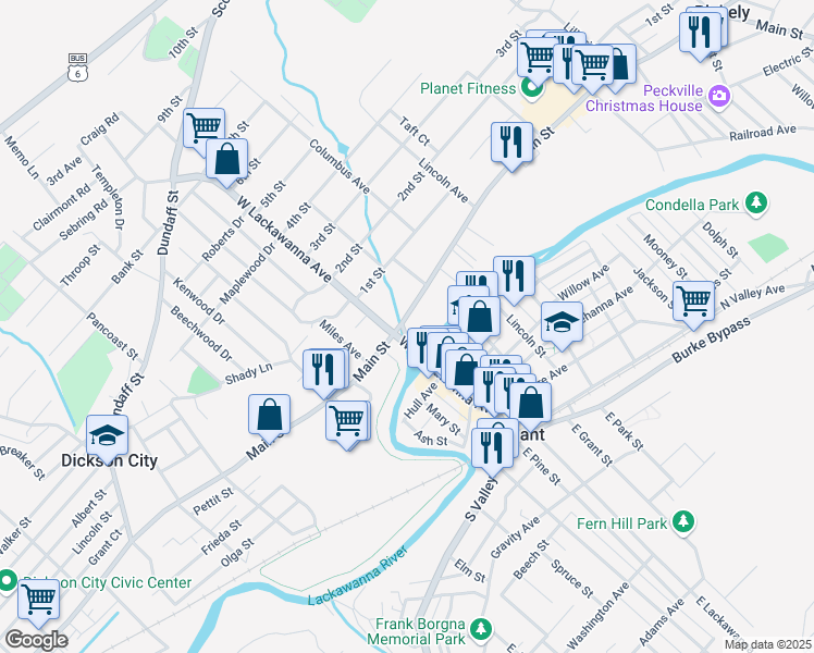 map of restaurants, bars, coffee shops, grocery stores, and more near 119 Main Street in Blakely