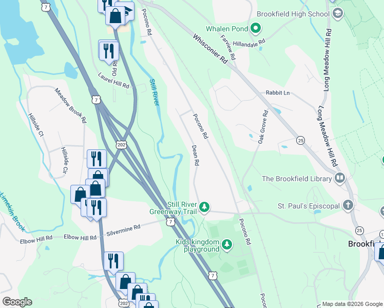 map of restaurants, bars, coffee shops, grocery stores, and more near 20 Dean Road in Brookfield