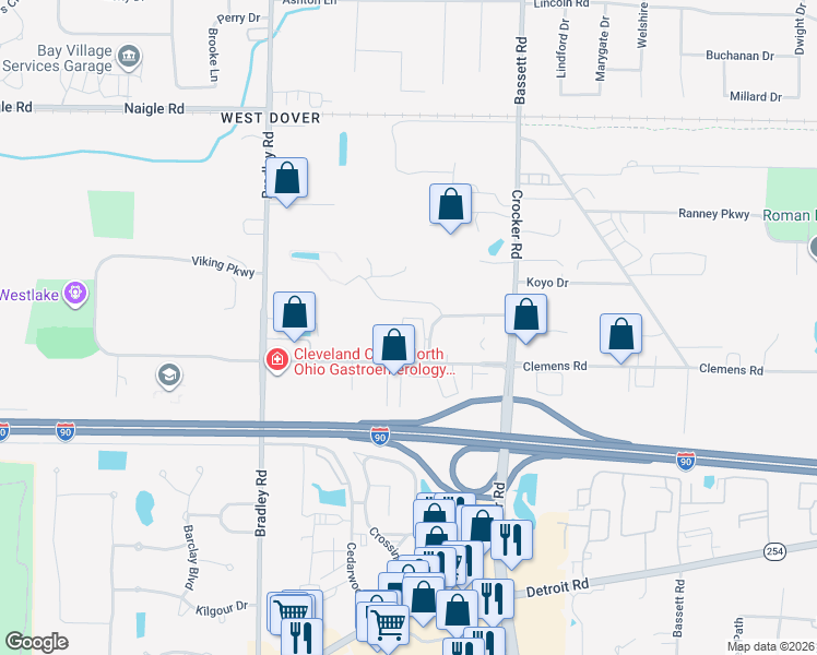 map of restaurants, bars, coffee shops, grocery stores, and more near 30100 Clemens Road in Westlake