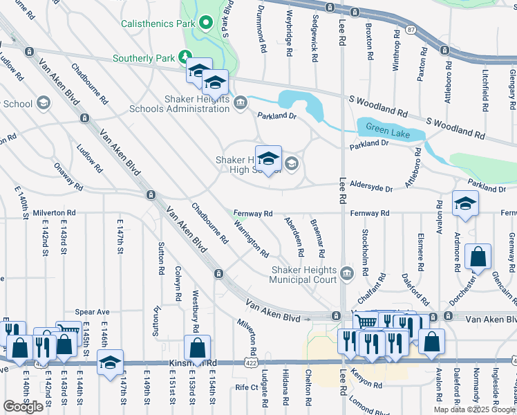 map of restaurants, bars, coffee shops, grocery stores, and more near 15906 Aldersyde Drive in Shaker Heights