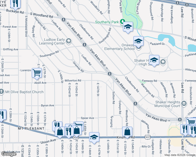 map of restaurants, bars, coffee shops, grocery stores, and more near 14610 Onaway Road in Shaker Heights