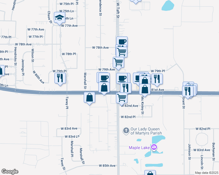 map of restaurants, bars, coffee shops, grocery stores, and more near 2486 West Lincoln Highway in Merrillville