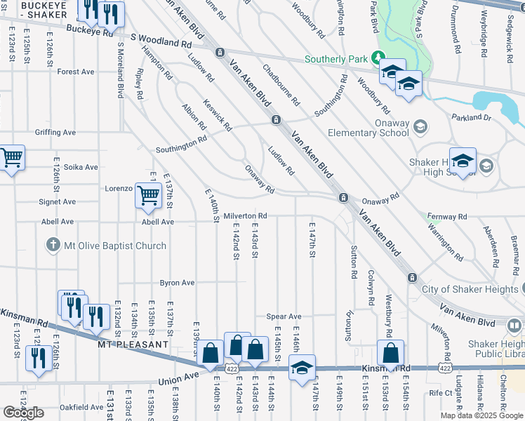 map of restaurants, bars, coffee shops, grocery stores, and more near 14315 Milverton Road in Cleveland