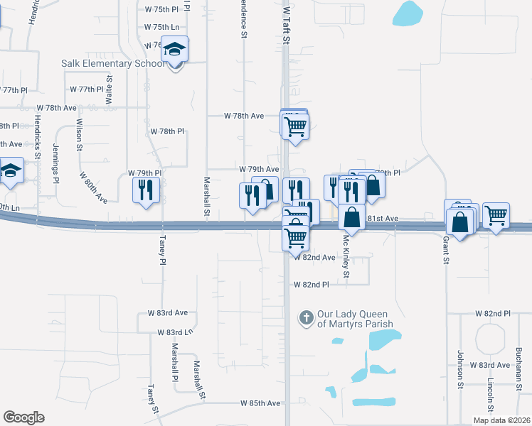 map of restaurants, bars, coffee shops, grocery stores, and more near 2400 West Lincoln Highway in Merrillville