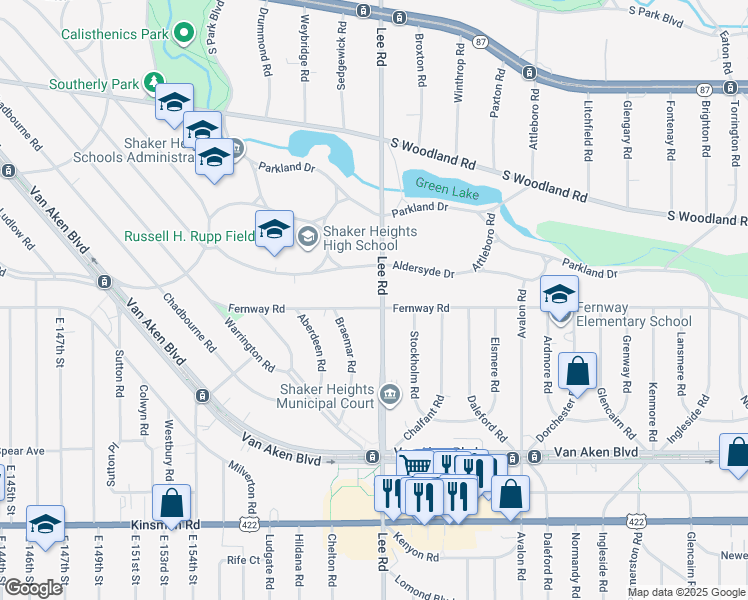 map of restaurants, bars, coffee shops, grocery stores, and more near 16505 Fernway Road in Shaker Heights