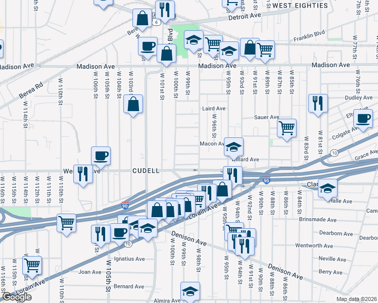 map of restaurants, bars, coffee shops, grocery stores, and more near 9813 Macon Avenue in Cleveland